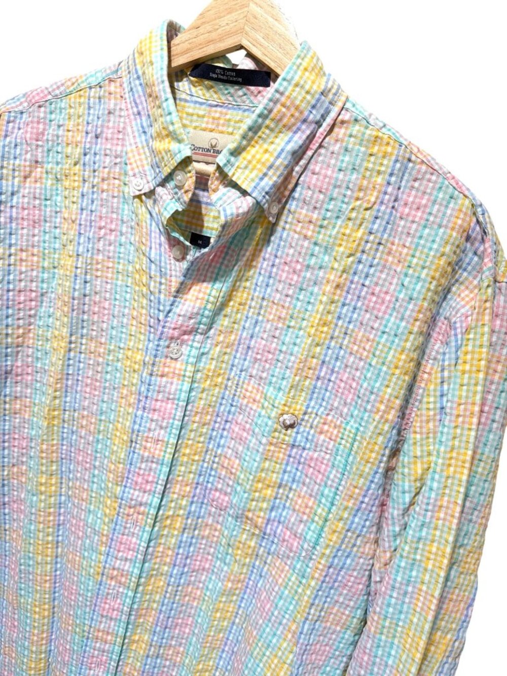 Cotton Brothers Rainbow Sunset Pastel Plaid Seersucker Oxford Buttondown Shirt M